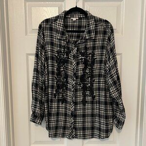 WESTPORT 1962 black & white plaid embroidered top (3X)
